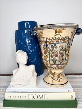 Vintage Decorative Floral Ceramic Urn Vase in Cream Crackle Glaze Finish